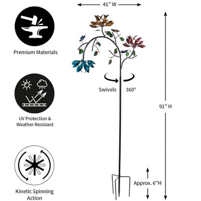 91" Tall Multicolor Metal Flower Wind Spinner with Butterfly Accents