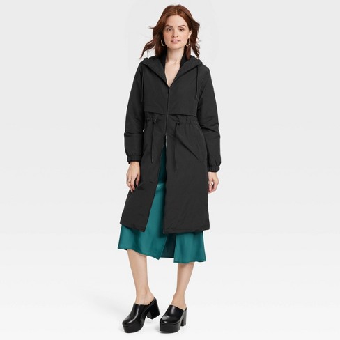 Women's Hooded Relaxed Fit Trench Rain Coat - A New Day™ Black XS