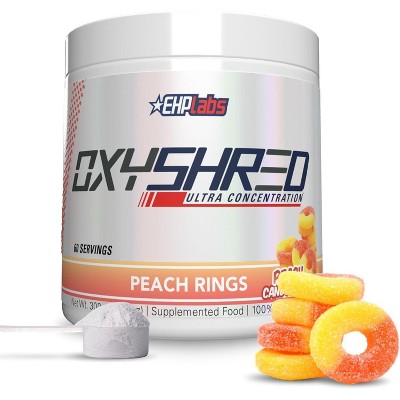 EHPlabs OxyShred Thermogenic Pre Workout & Fat Burner - Clinically Proven Preworkout Powder with Acetyl L Carnitine - Peach Candy Rings, 60 Servings
