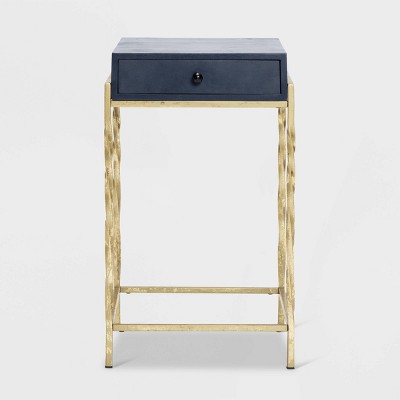 Navy Blue Mango Wood Accent Table with Gold Metal Frame