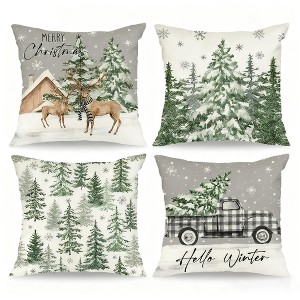 Xmas Throw Pillow Covers Set of 4, 18x18 Inch Cozy Winter Deer Cabin Snowflake Design with Hidden Zipper - 1 of 4