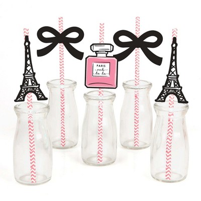 Big Dot of Happiness Paris, Ooh La La - Paris Themed Paper Straw Decor - Baby Shower or Birthday Party Striped Decorative Straws - Set of 24