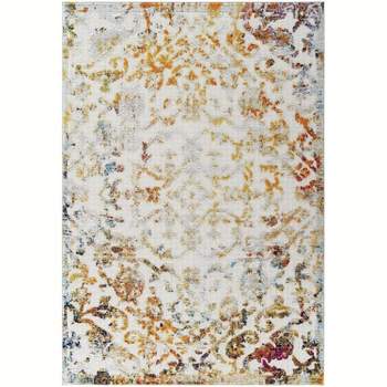 Modway Reflect Distressed Vintage Ornate Floral Lattice 5x8 Indoor and Outdoor Area Rug, 5 ft x 8 ft, Primrose/Ivory, Light Blue, Multicolored