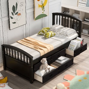 Lyngins Twin Storage Bed Frame with 6 Drawers, Solid Pinewood Platform Bed, Bed with Headboards, Safe for Kids, No Box Spring Needed - 1 of 4