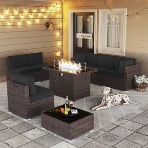 LayinSun 8 Piece Patio Furniture Set with 44" Propane Gas Fire Pit Table, Outdoor Sectional Conversation Set Wicker Rattan Sofa Set - 1 of 4