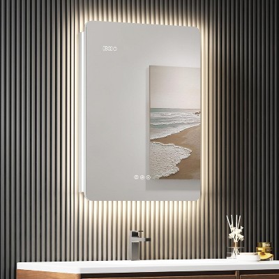 HBEZON Medicine Cabinet with Mirrors and Lights, Wall Mount LED Bathroom Cabinet, Defogger, Dimmable, Clock, Temp, Aluminum, Silver