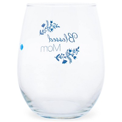 Elanze Designs Blessed Mom with Flourish 14 Ounce Blue Stemless Wine Glass Tumbler