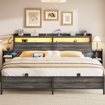 Aheaplus King Bookcase Bed with Storage Slide Bedside Shelf and Charging Station & LED Light