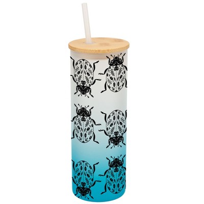Elanze Designs Floral Beetle Bug Insect Wrap-Around Design 25 Ounce Frosted Gradient Glass On-The-Go Coffee Travel Skinny Tumbler Mug Cup, Bamboo Lid
