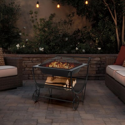 Black Steel Free-standing Outdoor Fire Pit with Log Storage Rack