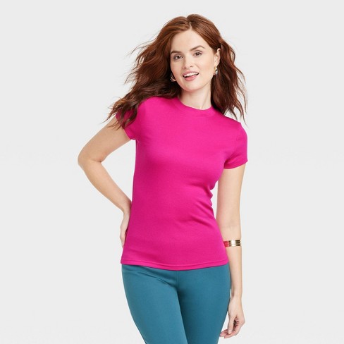 Women's Slim Fit Short Sleeve Ribbed T-Shirt - A New Day™ Hot Pink M