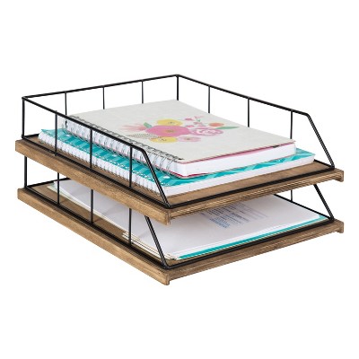 Rustic Brown Wood and Black Metal Stacked Letter Trays