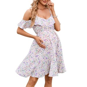 Maternity Nursing Dress Womens V-Neck Spaghetti Strap Ruffle Sleeve Daisy Printed Floral A-Line Tiered Flowy Swing Dress - 1 of 4