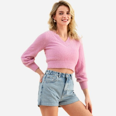  Jumppmile Women's V Neck Waffle Knit Cropped Top Long