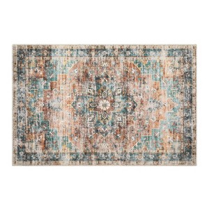 Washable Area Rug, Vintage Indoor Large Floor Cover, Retro Accent Mat, Non-Slip Thin Carpet for Living Room, Bedroom, Kitchen, Office Green-Brown - 1 of 4