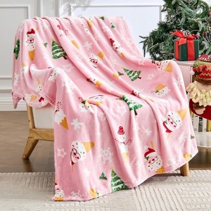 Christmas Blanket Soft Cozy Pink Throws with Snowman Snowflake Santa Claus and Xmas Trees Print,Warm Blanket Christmas Gift. - 1 of 4