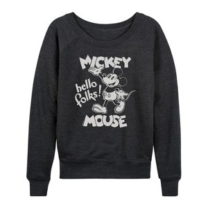 Women's - Disney - Mickey Mouse Hello Folks Lightweight French Terry Wide Neck Long Sleeve Shirt - 1 of 4