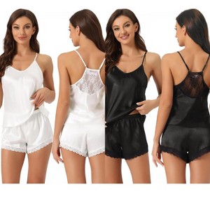 INSPIRE CHIC Women's 2 Pcs Satin Sleeveless Lace Trim Shorts Silky Short Pajama Sets - 1 of 4