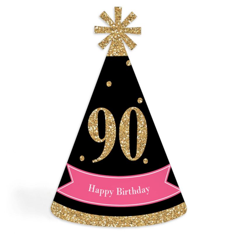 Big Dot of Happiness Chic 90th Birthday - Pink, Black and Gold - Cone Happy Birthday Party Hats for Adults - Set of 8 (Standard Size), 1 of 8