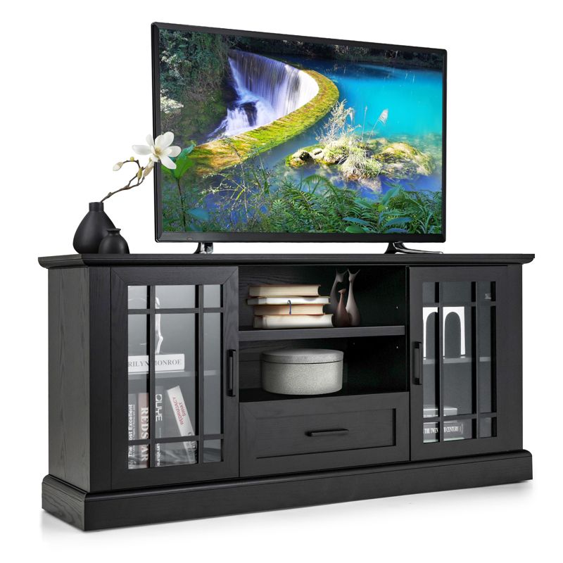 63-Inch Modern TV Cabinet TV Console Table w/ 2 Side Cabinets & Drawer Suits 70” Televisions Farmhouse Style Black\White, 1 of 9