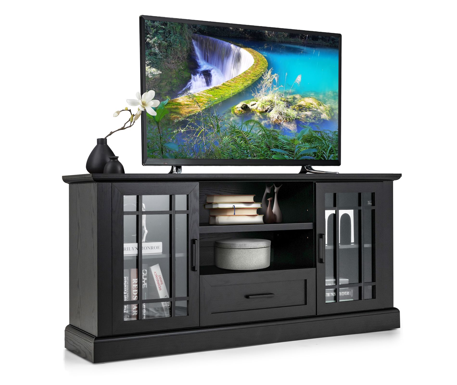 63-Inch Modern TV Cabinet TV Console Table w/ 2 Side Cabinets & Drawer Suits 70” Televisions Farmhouse Style Black\White