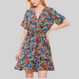 Anna-Kaci Women's Floral Print V-Neck Dress with Waist Tie and Flared Hem - 1 of 4