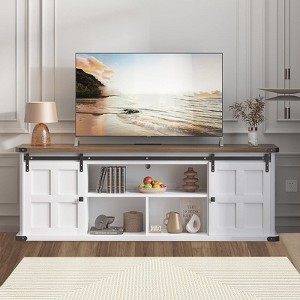 Coolmee 70 inch TV Stand for up to 75 Inch TVs with Power Outlet, Farmhouse Entertainment Center with Sliding Barn Doors and Storage Cabinets - 1 of 4