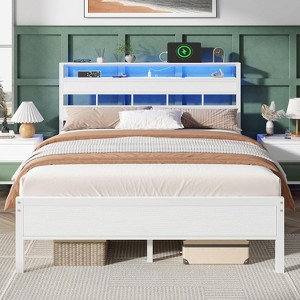 Queen Bed Frame with Storage Headboard and LED Lights Metal Bedframe with Charging Station and USB Port Platform Bed with Heavy Duty Slats White - 1 of 4