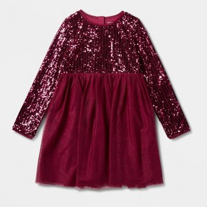 Girls' Adaptive Long Sleeve Sequin Dress - Cat & Jack™ Dark Red - 1 of 4