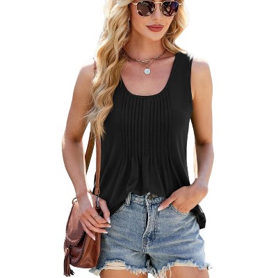 Womens Tank Tops Summer Casual Flowy Tunic Tops Front Pleated Shirts Sleeveless Pelpum Waist Tops with Square Neck
