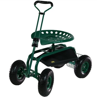 Sunnydaze Outdoor Lawn and Garden Heavy-Duty Steel Rolling Gardening Cart with Extendable Steer Handle, Swivel Chair, and Basket - Green