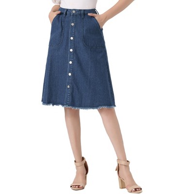 INSPIRE CHIC Women's Raw Hem Single Breasted Button Down A-Line Midi Jeans Skirt