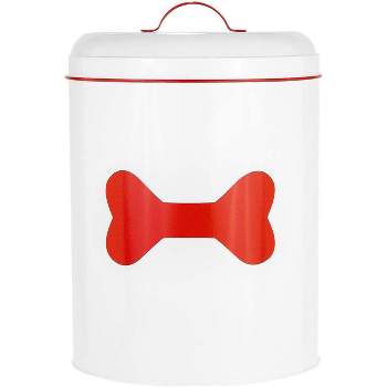 Amici Pet Bone White/Red Buster Food Storage Bin - Large, Durable, 17lb Capacity for Dry Dog Food and Treats