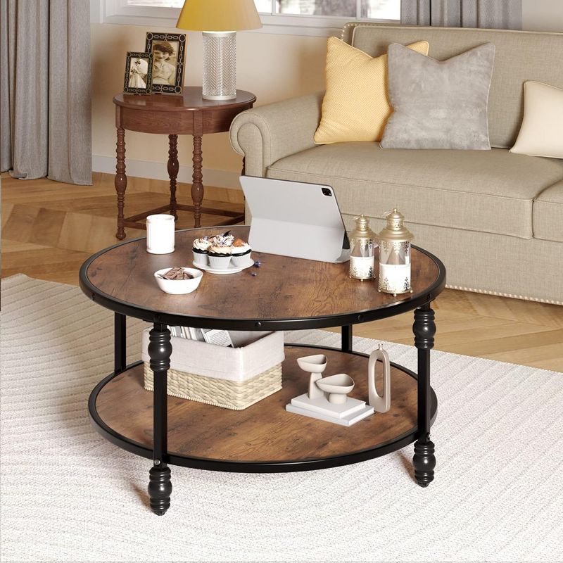 Whizmax Round Coffee Table, Rustic Wooden Surface Top & Sturdy Metal Legs Industrial Sofa Table for Living Room, 2 of 10
