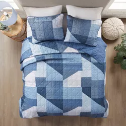 2pc Twin/Twin Extra Long Bennett Patchwork Printed Reversible Coverlet Set Blue - Intelligent Design