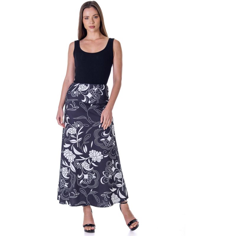 24seven Comfort Apparel Black and White Floral Elastic Waist Ankle Length Comfortable Maxi Skirt, 4 of 7