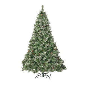 GDFStudio 7 Foot Cashmere Pine and Mixed Needles Pre Lit LED Artificial Christmas Tree with Snowy Branches and Pinecones - 1 of 4