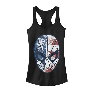 Juniors Womens Marvel Fourth of July  Spider-Man American Flag Mask Racerback Tank Top - 1 of 4