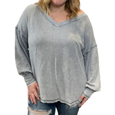 Women's Waffle Knit Bubble Sleeve Pullover Sweater - SHE + SKY