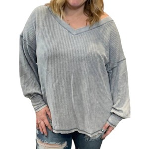 Women's Waffle Knit Bubble Sleeve Pullover Sweater - SHE + SKY - 1 of 2
