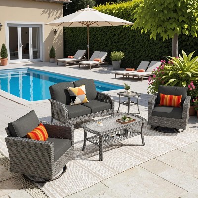 XIZZI Outdoor Wicker Sofa Set with Optional Swivel Chairs, 3.5" Cushions 5 Colors (Gray, Black, Navy, etc.), All-Weather Rattan, Modular 2-7 Pieces