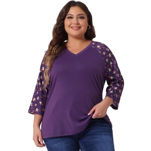 Agnes Orinda Women's Plus Size Top Raglan Floral Print V Neck 3/4 Sleeve Peasant Blouse - 1 of 4