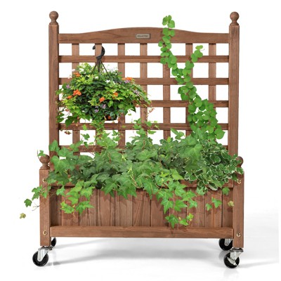 Natural Fir Wood Planter Box with Trellis and Wheels