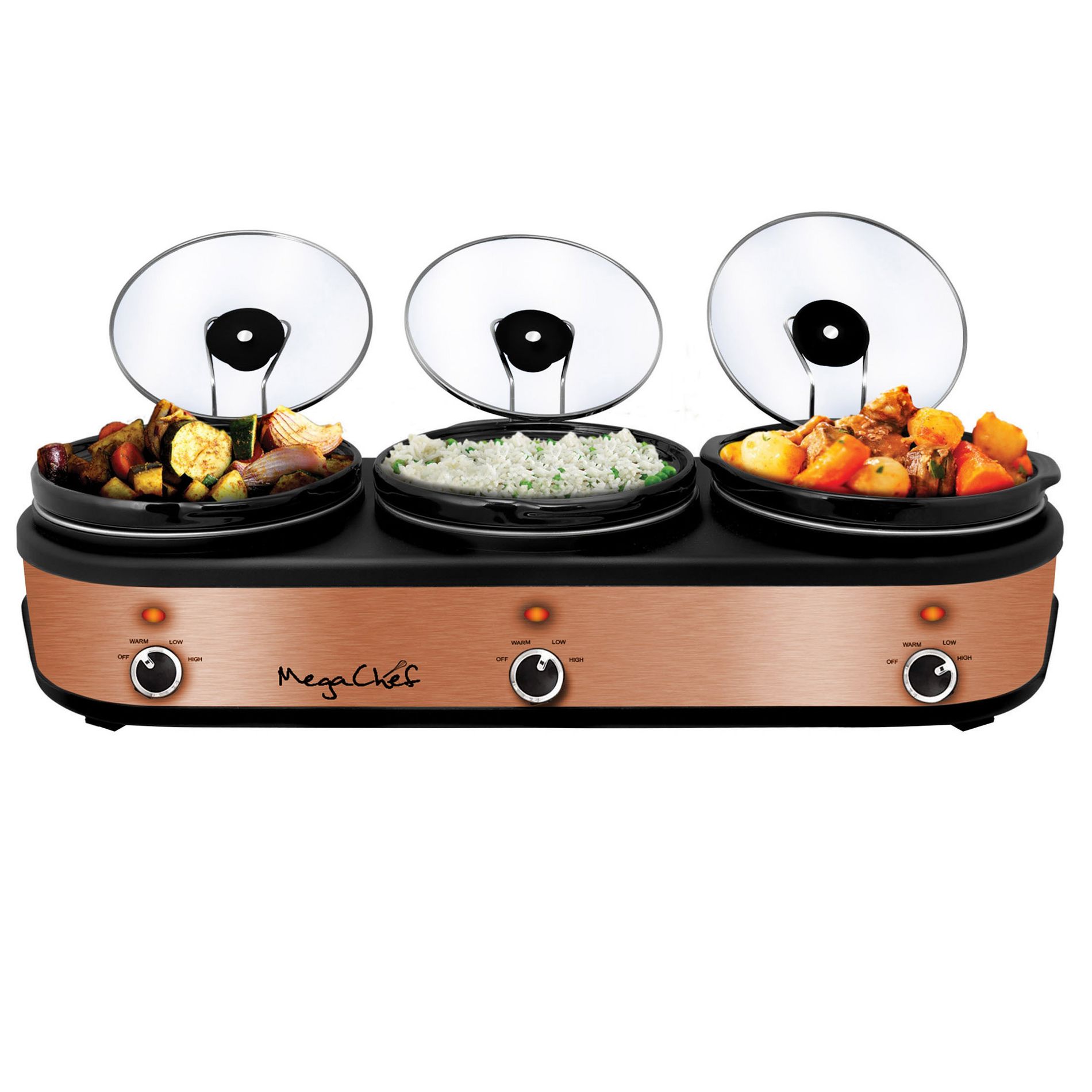 MegaChef Triple 2.5 Quart Slow Cooker and Buffet Server with 3 Ceramic Cooking Pots and Removable Lid Rests