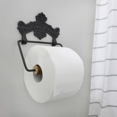 Vintage Black Cast Iron and Wood Wall Mount Toilet Paper Holder