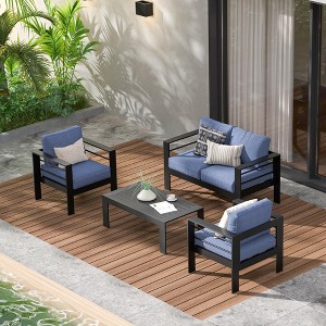 Heynemo 4 Pieces Outdoor Patio Furniture Set, Metal Patio Conversation Set with Loveseat, 5'' Light Grey Cushion & Coffee Table - 1 of 4