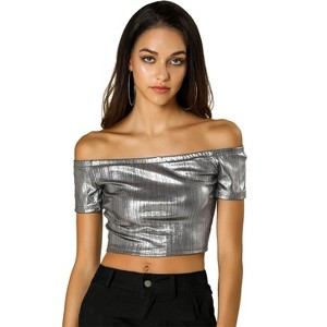 Allegra K Women's Off Shoulder Party Club Slim Fit Shiny Metallic Crop Top - 1 of 4