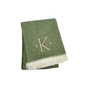 HomeRoots 55" X 70" Moss Green And White Herringbone Cotton Blend K Initial Throw Blanket with Tassels And Embroidery - 1 of 4