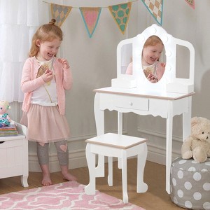 Kids Vanity, Girls' Vanity Table and Chair Set, Girls Makeup Vanity, Kids Makeup Dressing Table, Kids Vanity Desk Set with Mirror, Drawer& Lights - 1 of 4
