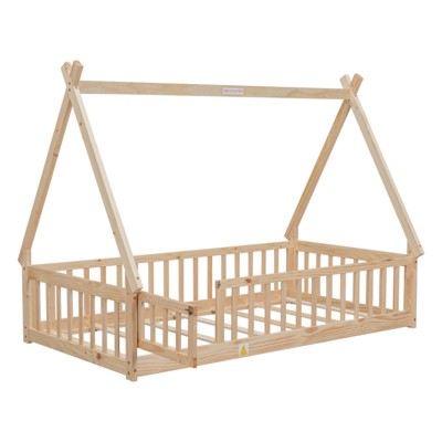 Fontoi Beds, Twin Tent-shaped Floor Bed with Guardrails and Slats, Wood Floor Bed with Fence and Door for Girls and Boys, Brown, 46.5"*59.1"*78.2"